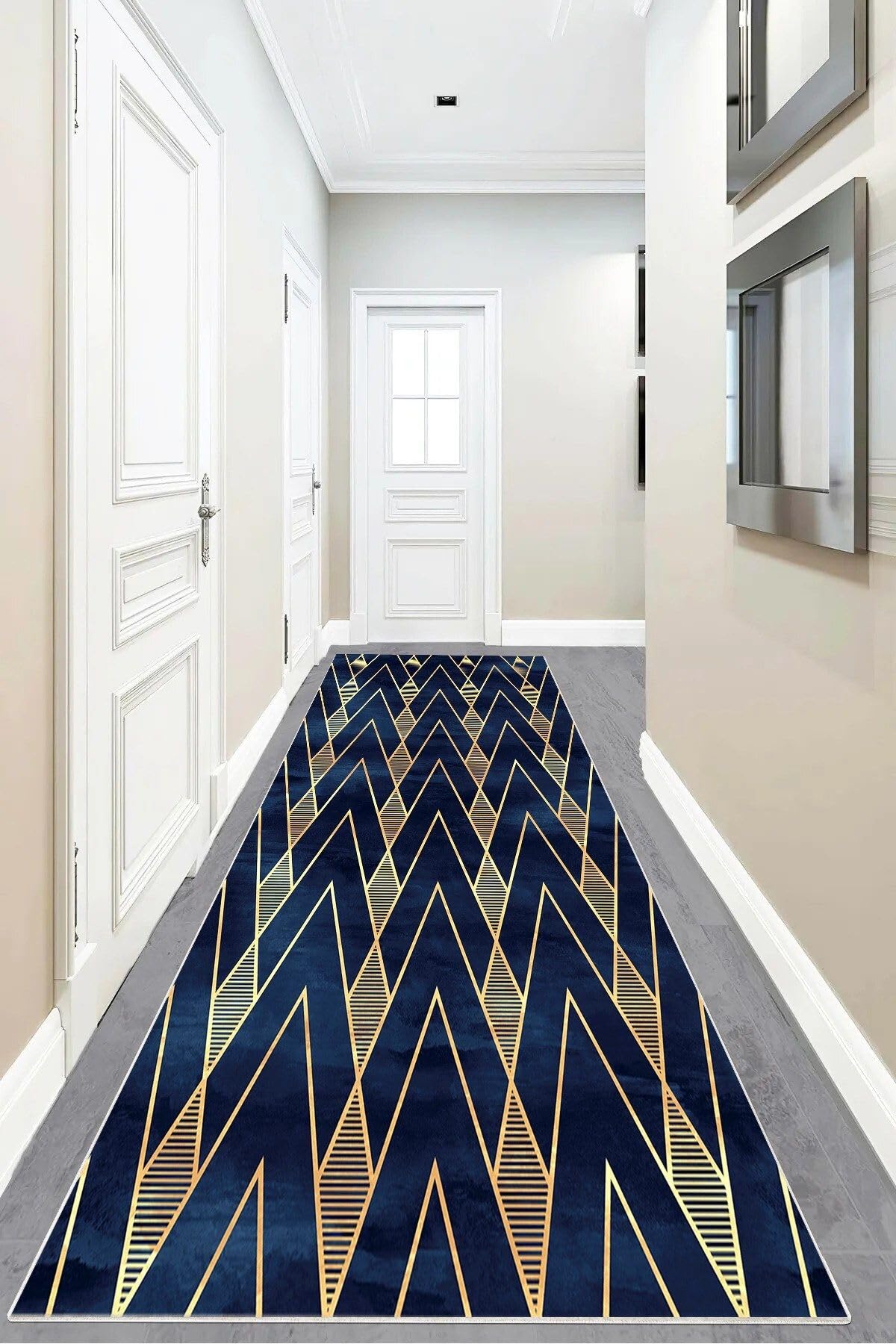 Pelangi Gold Geometrik Zigzag Çizgili Üçgen Desenli Dijital Baskı Yıkanabilir Modern Salon Halı ve Yolluk, Lacivert-Kahve 40 x 40, 955455440407