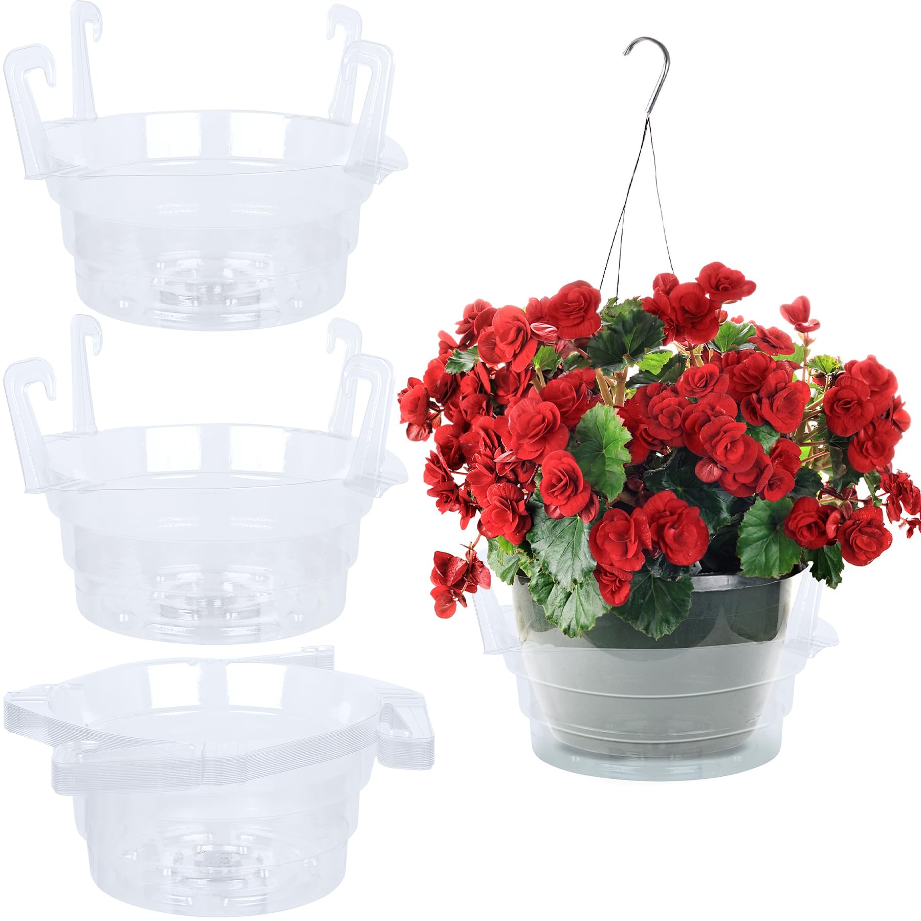 Photo 1 of Miuwauer 20 Pack of 6-inch Hanging Basket Water Catcher Plastic Hanging Plant Drip Pan Tray Plastic Saucers Liners for Indoor Outdoor Hanging Plants Baskets Flower Pots - Clear, Round