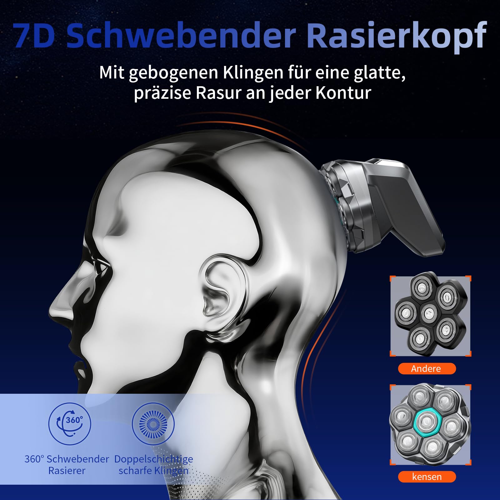 Glatzen Rasierer Herren, kensen Glatzenrasierer 7D Schwebender Kopfrasierer Glatze Wasserdicht Head Shaver Men Magnetische Glatzenschneider Wiederaufladbar Typ-C Glazenrasierer 8100&8600U/Min