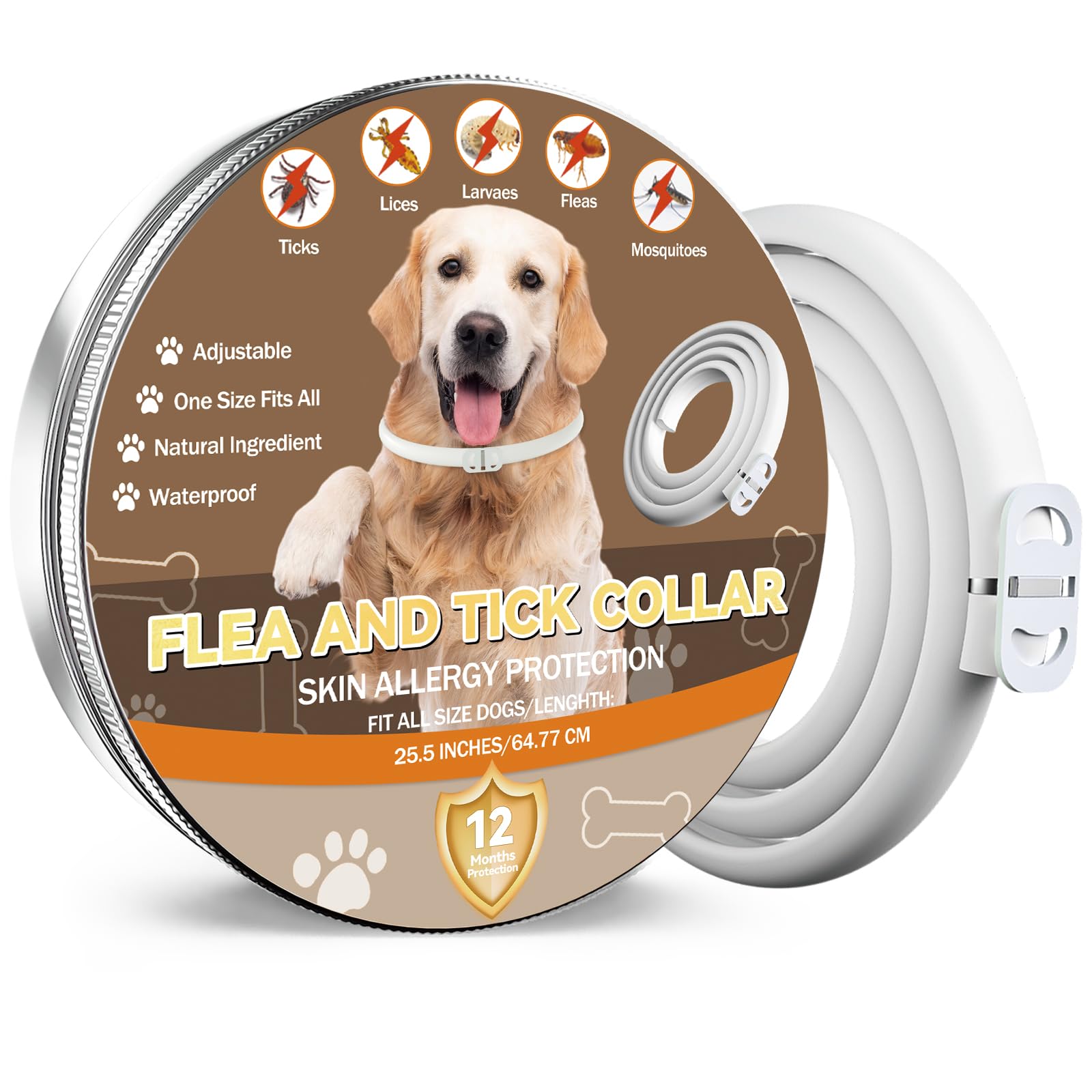 Collar Antiparasitario para Perros, Collar Antipulgas y Garrapatas, Apto para Perros de Todos los Tamaños, Fórmula Natural Segura y Material Impermeable, Dura 12 Meses (1 Pack)