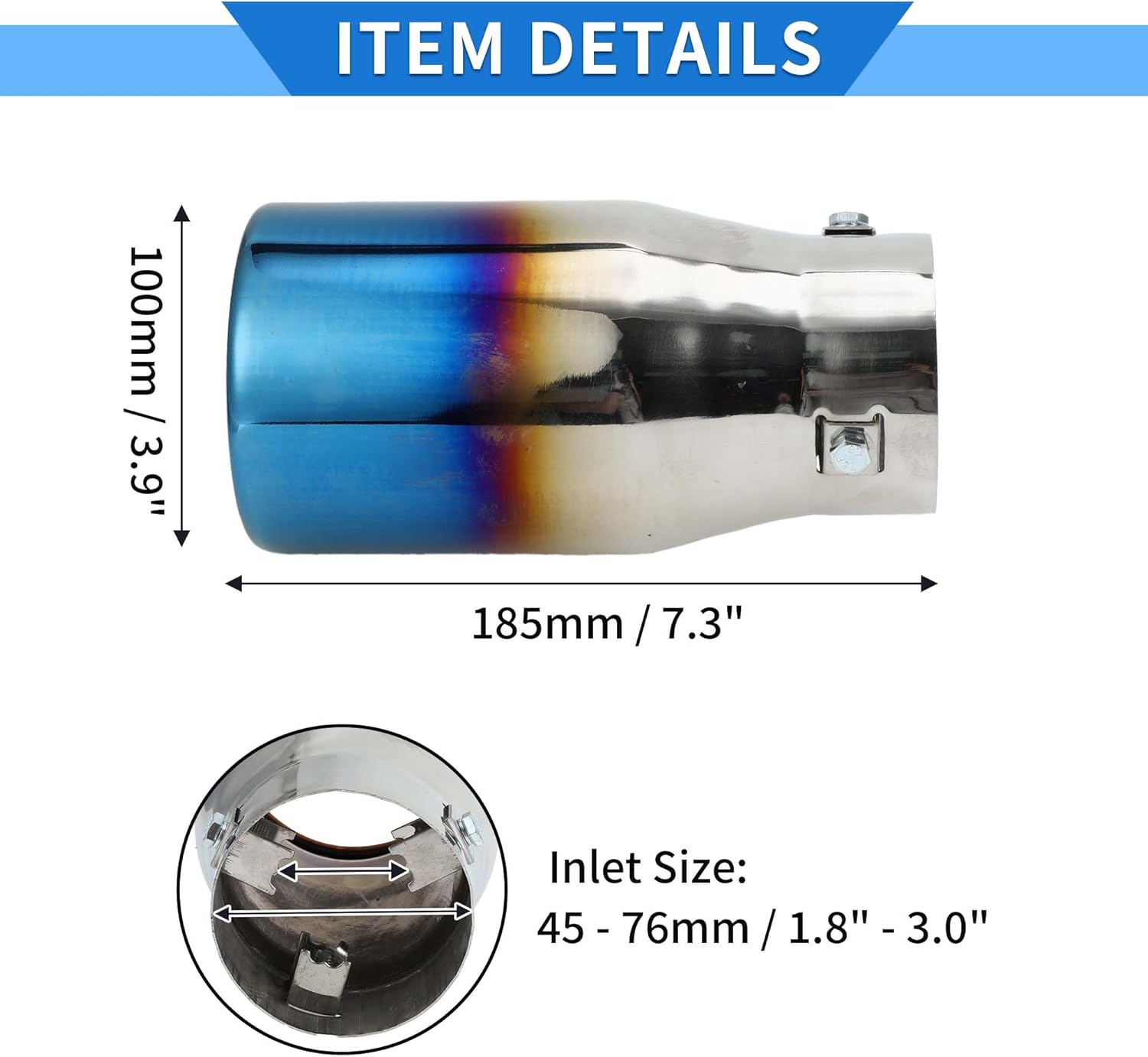 1 Pc Exhaust Tip 1.6" - 3.0" Inlet 3.9" Outlet 7.3" Length Tailpipe Universal Car Bolt on Stainless Steel Burnt Blue Rear