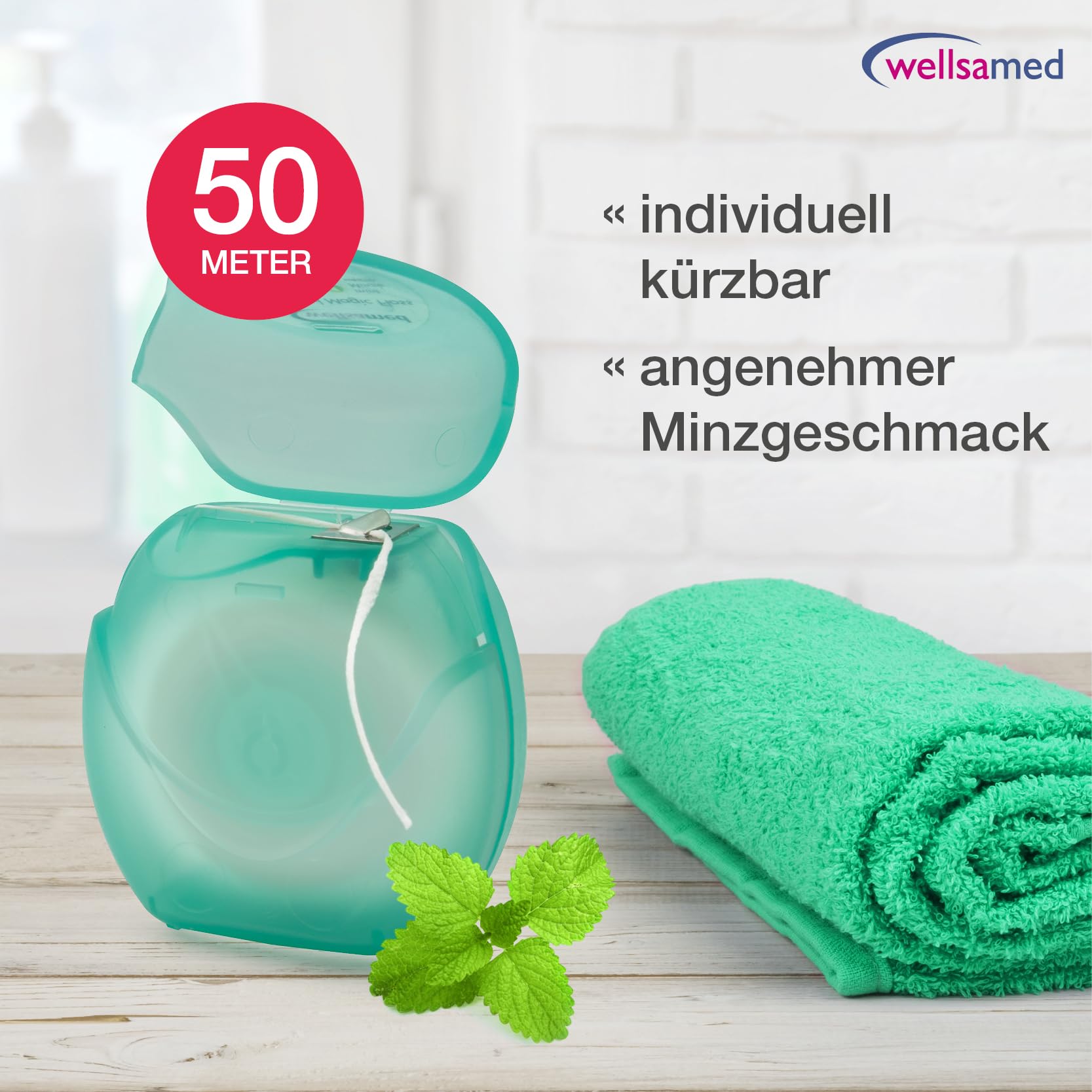 Wellsamed ungewachste Flauschzahnseide im 50m Spender Minzgeschmack (40 Stück)