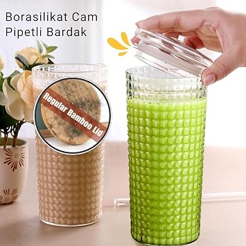 Desenli Borosilikat Pipetli Cam Bardak, 550 ml, Kapaklı ve Pipetli, Soğuk İçecekler İçin Kupa Mug