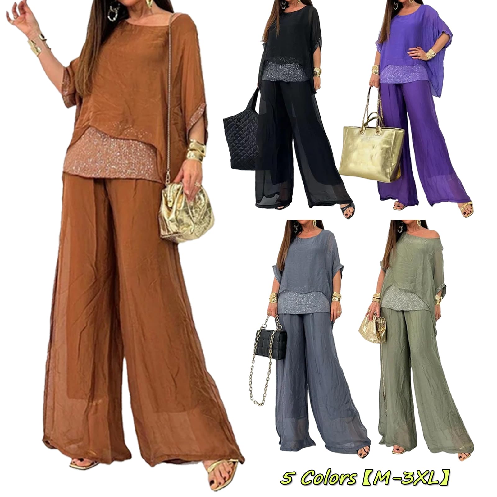2024 Sommer-Chiffon-Pailletten, lässiger Anzug für Damen, elegante Chiffon-Hose mit weitem Bein, zweiteiliges Set, Hosenanzüge für Damen, Hochzeit