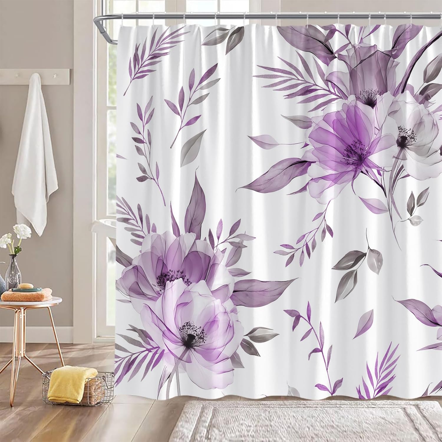 Purple Floral Shower Curtain Rustic Farmhouse Boho Flower Watercolor Ink Painting Blossom Chic Elegant 70" Wx96 H Bathroom Decor Curtain with Hooks