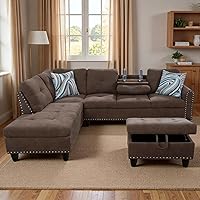 Vista 28 de Sofá modular de cuero en forma de L de 3 piezas – Sofá modular convertible con diván móvil y otomana de almacenamiento, uso multiescenario para sala