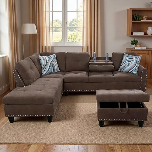 Vista 28 de Sofá modular de cuero en forma de L de 3 piezas – Sofá modular convertible con diván móvil y otomana de almacenamiento, uso multiescenario para sala