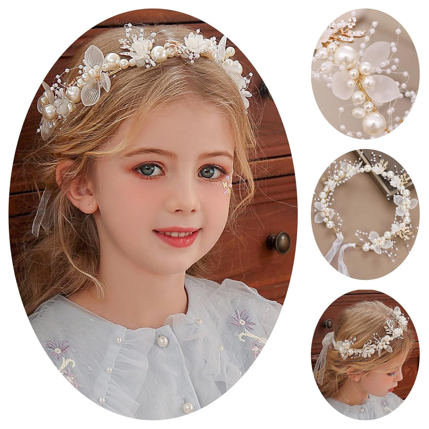 2 Pièces Serre Tete Mariage Fille de Fleur Coiffure de Princesse Bandeau Cheveux de Mariée en Perles Cheveux Couronne Fleur Cheveux Accessoire Cheveux Mariage Enfant Bijoux Fille Diademe Femme