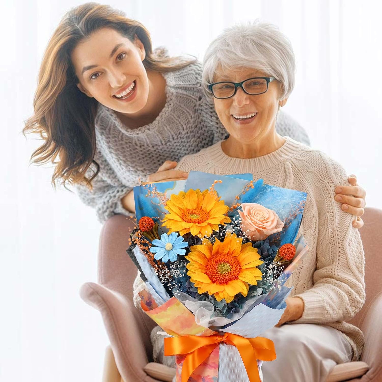 Forever Flowers for Delivery, Preserved Sunflower Bouquets, Long Lasting Roses, Eternal Flower Bouquet with Gifts Box for Mother Wife Girlfriend on Festivals Birthday Anniversary (Blue) - Image 5