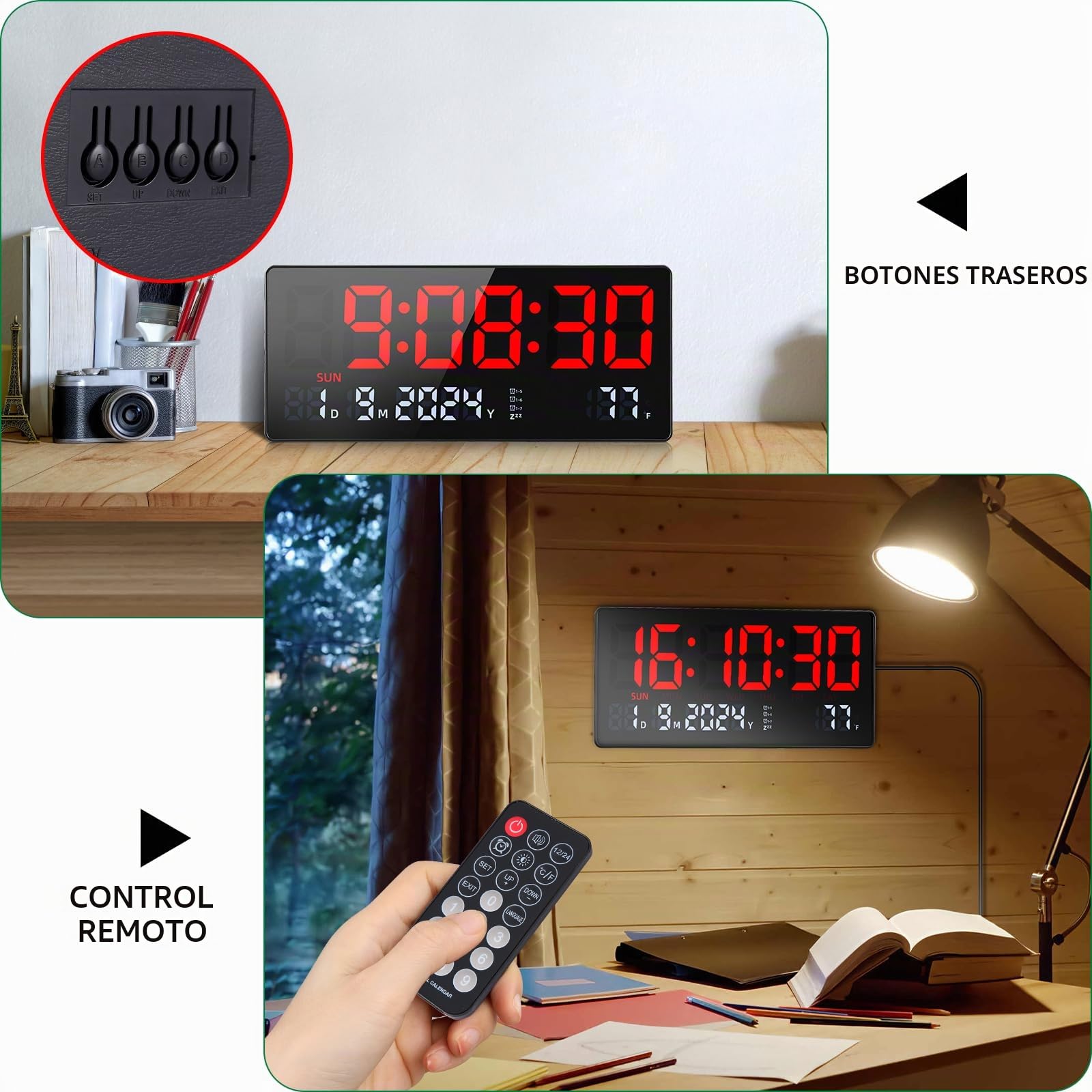Fuloon Reloj de Pared Digital, 15,5" Grande Reloj Despertador Digital con Calendario, Segundos, Temperatura, Fecha, Semana, Reloj de Mesa Digital con Soporte para Salón Cocina Oficina