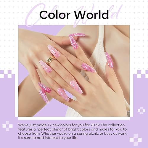 Miniatura 49 de modelones Kit de gel de extensión de poliéster para uñas, 12 colores rosa con purpurina nude, juego de gel de uñas de poli para manicura francesa