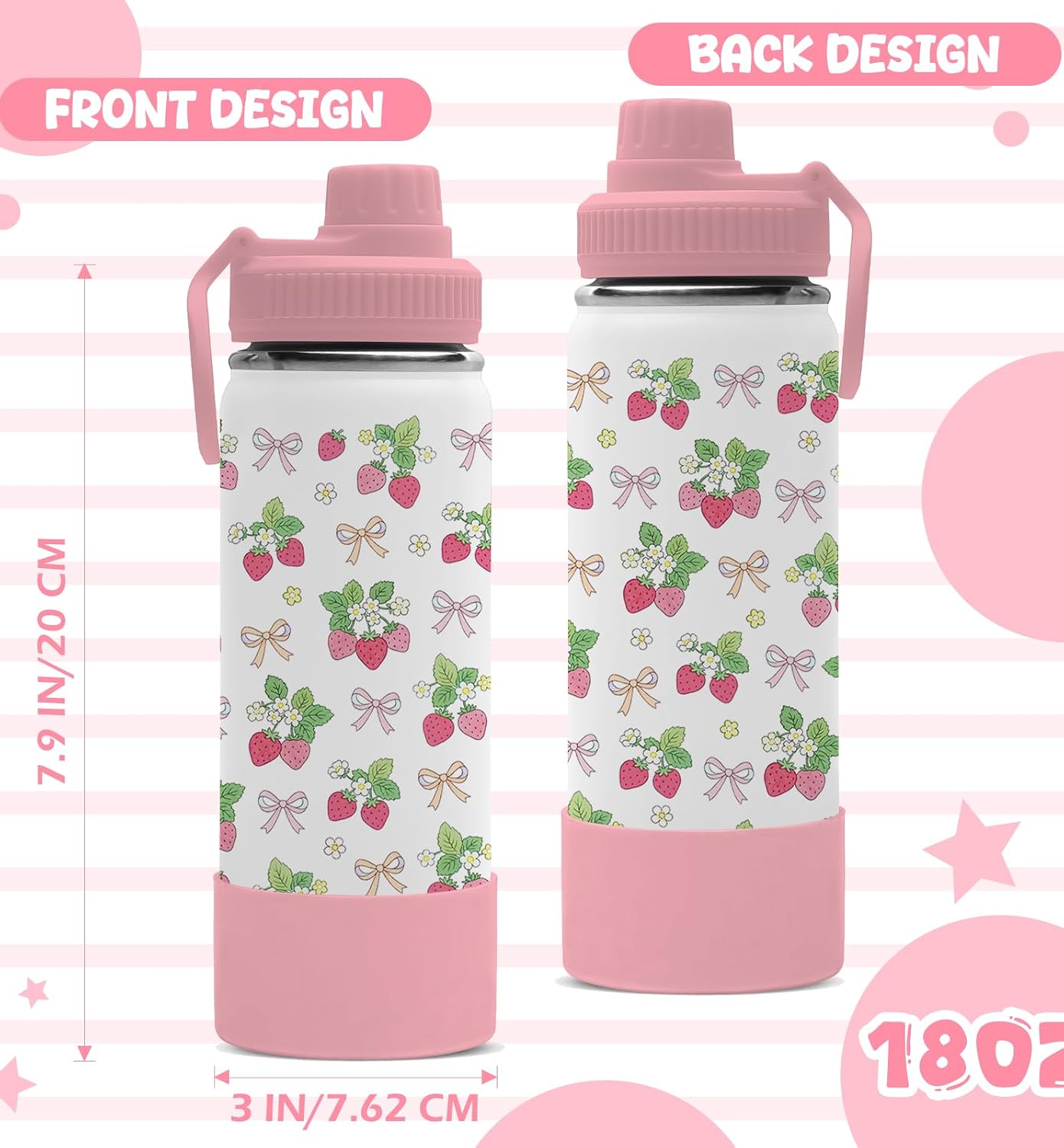 18oz Strawberry Water Bottle 2lids Spout