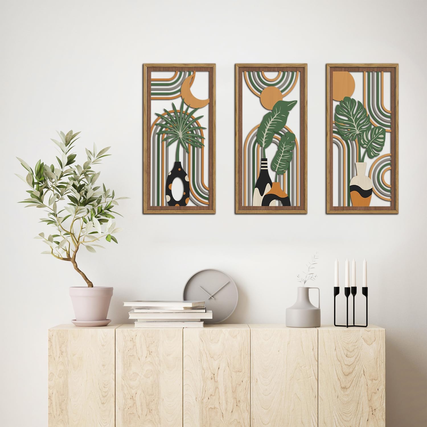 KAIRNE Boho Wooden Wall Art,Bohemian Wood Wall Decor Set of 3(16”X8”),Farmhouse Geometric Hanging Decor,Abstract Minimalist Sun Moon Artwork for Living Room Bedroom Nursery Office Decoration,Framed