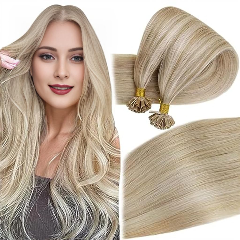 Easyouth U Tip Hair Extensions Human Hair Highlight Blonde U Tips Human Hair Extensions Ash Blonde Mixed Bleach Blonde Pre Bonded Human Hair Extensions U Tip Hair 14 Inch 50g/50s