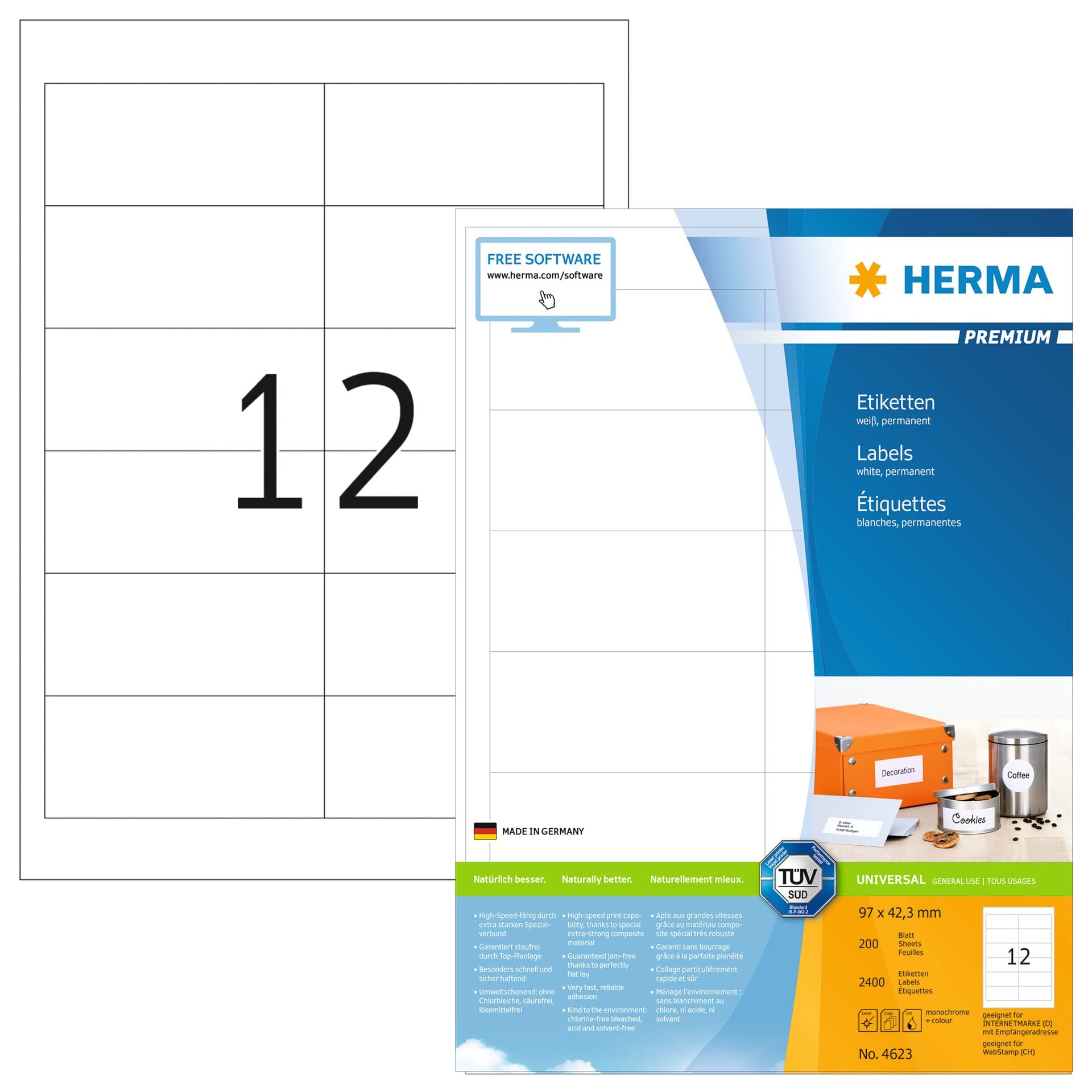 HERMA Self Adhesive Multipurpose Labels, 12 Labels per A4 Sheet, 200 Sheets, 97 x 42.3 mm, 2400 Labels, Blank Universal Labels Stickers, Sticky Labels for Laser & Inkjet Printer, White
