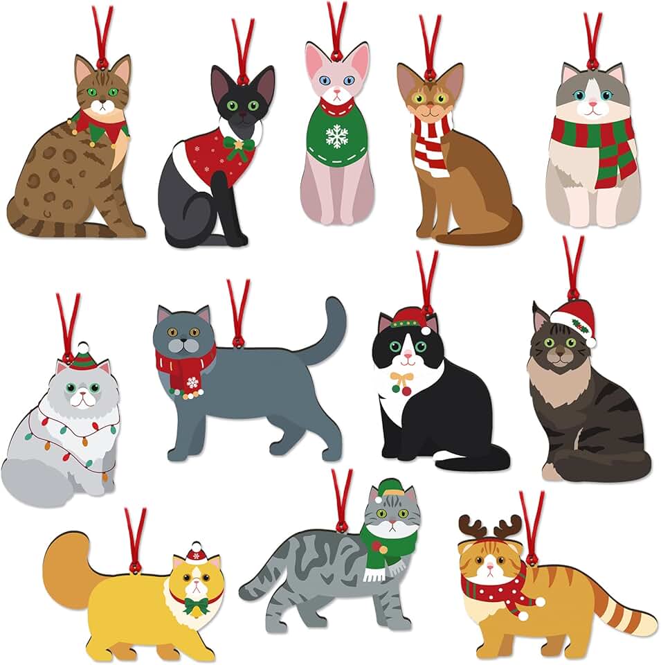 12 peças de enfeites de gato de madeira para pendurar para árvore de Natal, decoração de casa, presente temático de gatinho para amantes de gatos