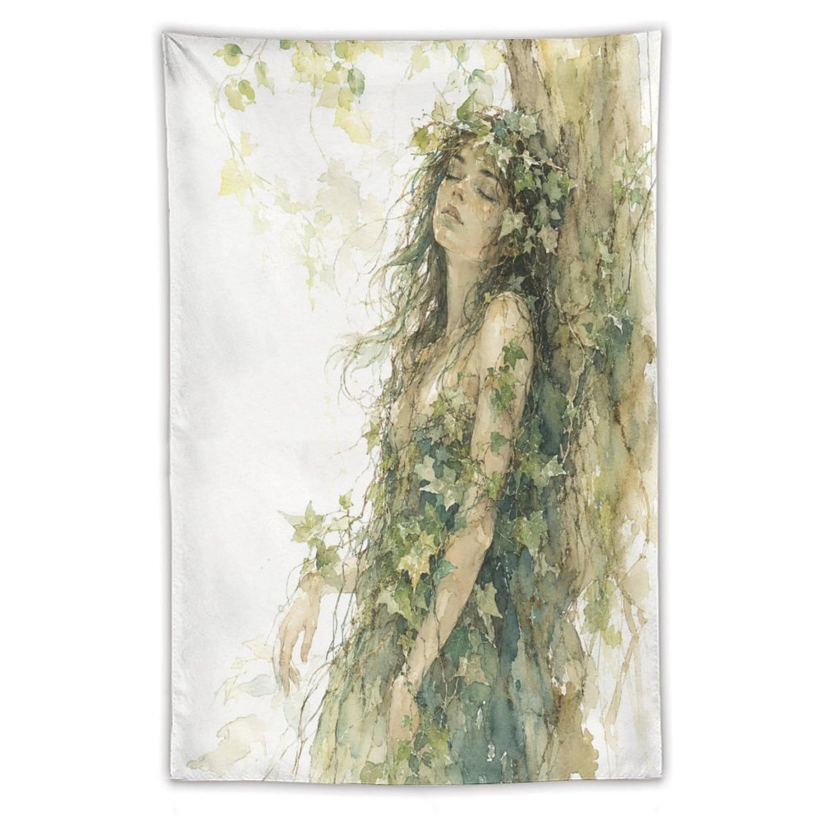H3B8U2Y5 Green Forest Woman Wall Tapestry, Watercolor, Ceiling Hanging