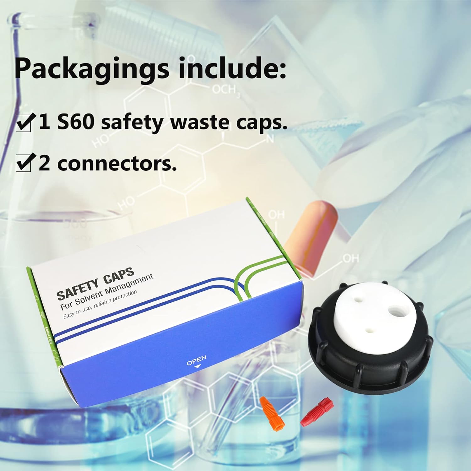 ALWSCI Solvent Safety Waste caps S60, 2 Standard tubing Ports and Connector for Exhaust Filter,1PK