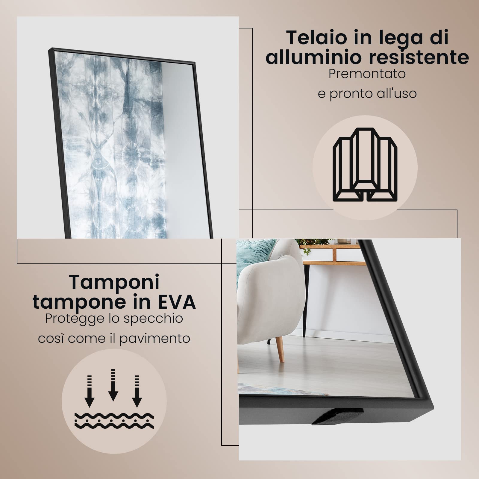COSTWAY Specchio da Parete Lungo, Specchio da Terra Appendere con Cornice in Lega di Alluminio e Ganci, Per Camera da Letto e Soggiorno, 160 x 40 cm (Nero)