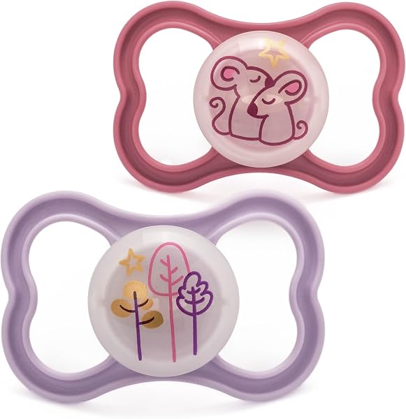 MAM Air Night Soothers | 18-36 Months | 2 Pack | Glow in The Dark Dummies | Comes in Dummy Steriliser Case | Sustainable Materials | Baby Accessories | Pink (Various Designs) - 1