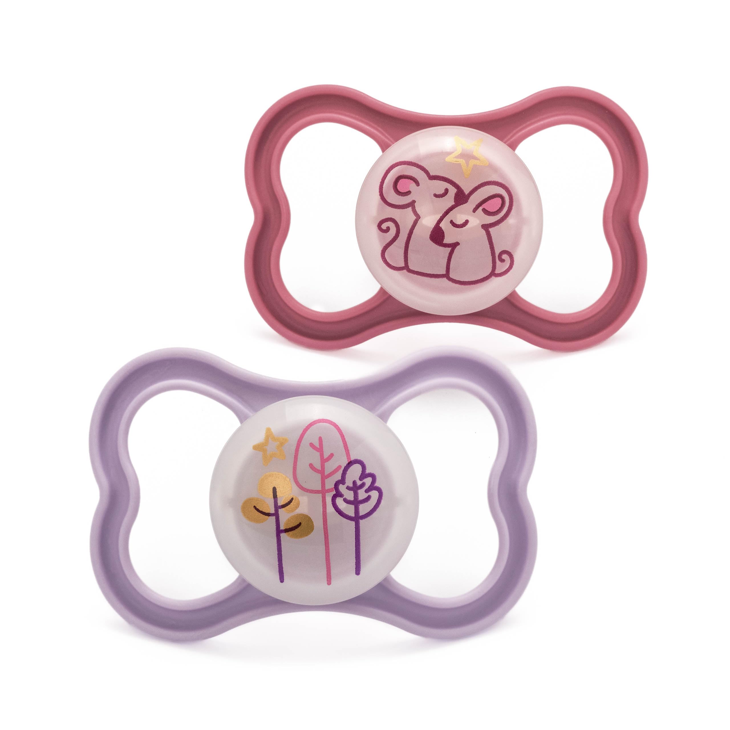MAM Air Glow-in-the-Dark Dummies, 18-36M, 2 Pack| Orthodontic Design, Pink