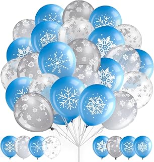 50 Pcs Winter Snowflakes Balloons Clear 12 Inch Transparent Snowflakes Latex Balloons for Birthday Wedding Winter Wonderland Shower New Year Party Decorations (Blue Gray Clear,Snowflake)