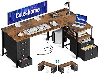 Coleshome Computer Corner Desk with Drawers, 140×80 cm L Shaped Office Desk with Power Outlet, Reversible Study PC Table with Storage for Bedroom, Vintage Brown