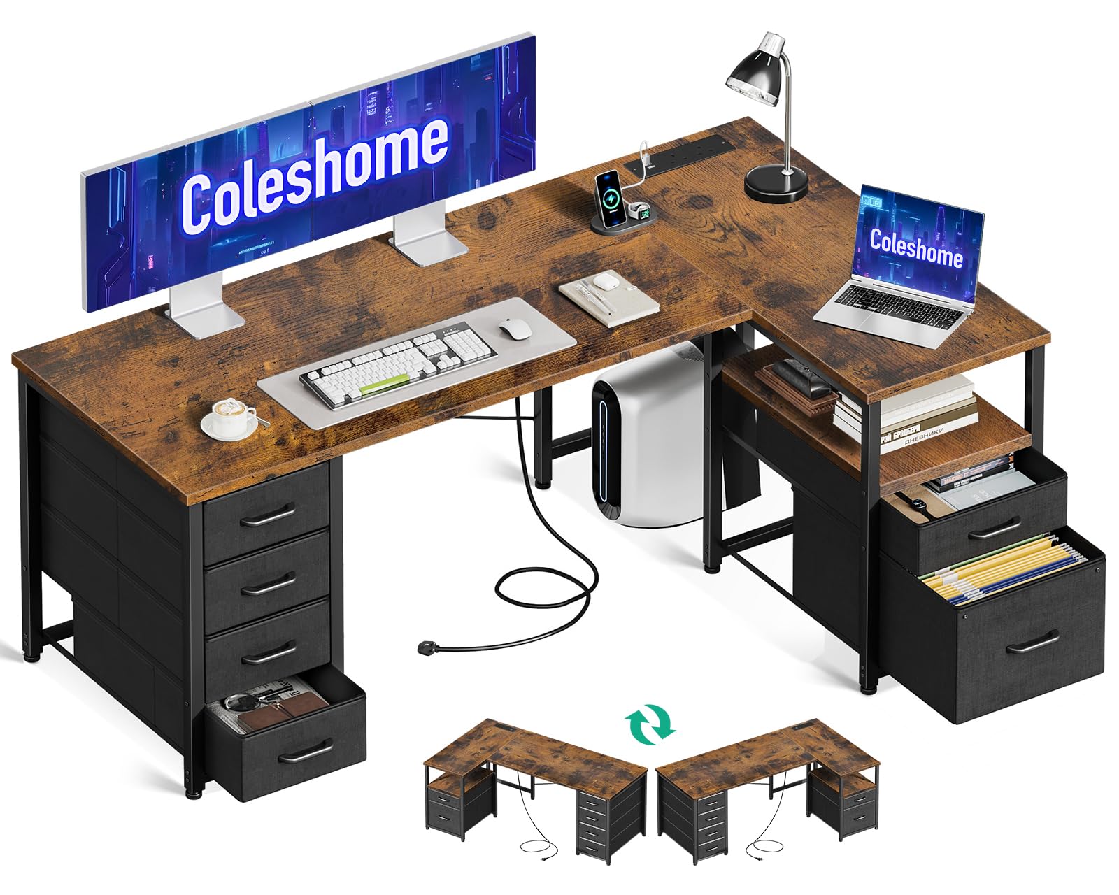 Coleshome Computer Corner Desk with Drawers, 140×80 cm L Shaped Office Desk with Power Outlet, Reversible Study PC Table with Storage for Bedroom, Vintage Brown