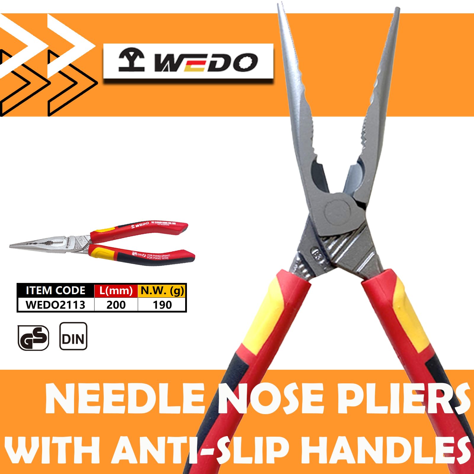 WEDO Pince à bec long de 20,3 cm avec poignées antidérapantes, longueur 200 mm, qualité industrielle