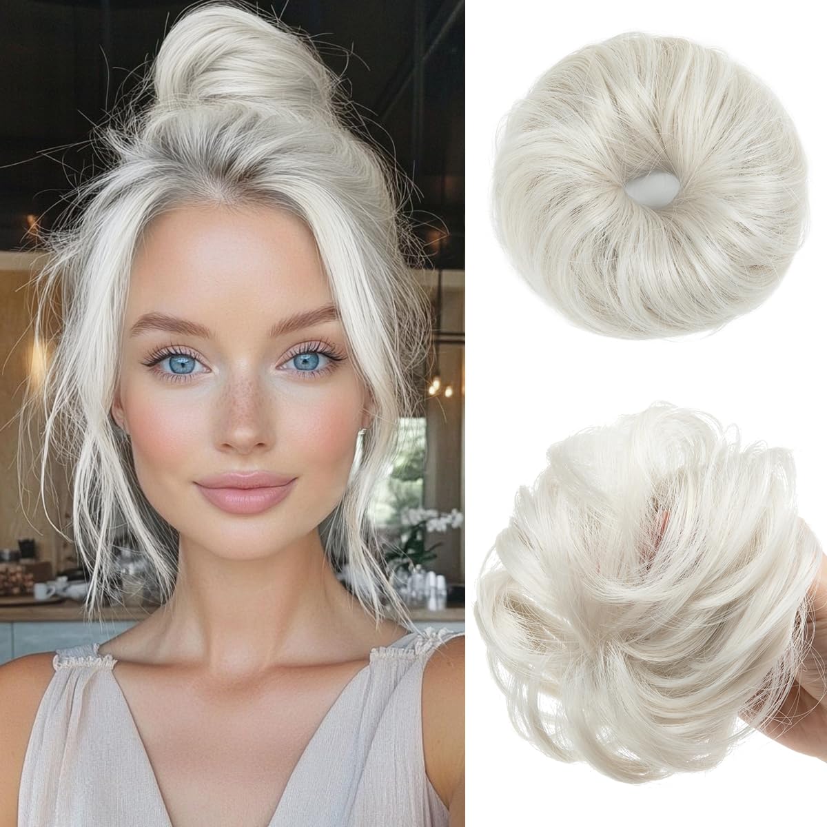 cjl hair 2pcs small cute messy bun hair piece for thin hair women mini synthetic curly bun scrunchies updo hairpieces white 2pcs-white