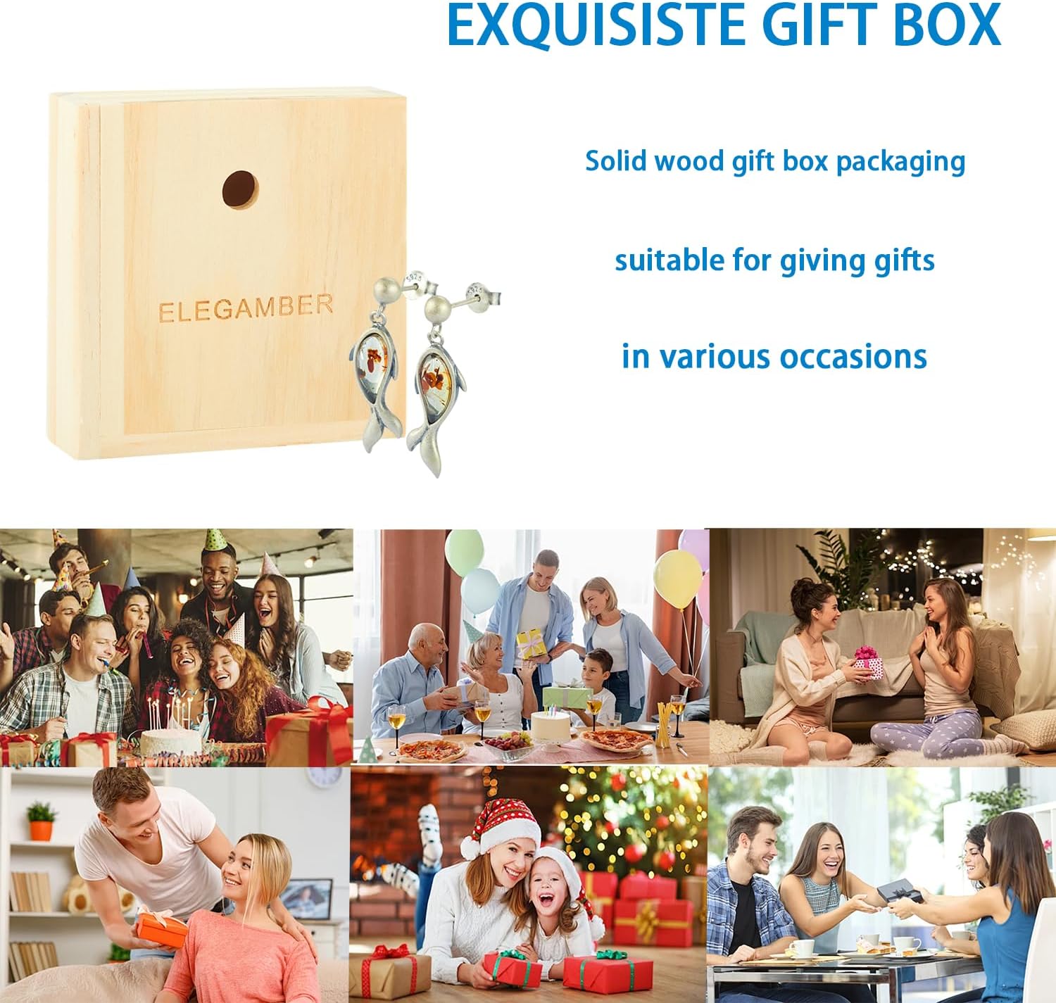 Handmade S925 sterling silver inlaid with genuine Baltic amber earrings, simple and classic design, natural energy stone, wooden gift box