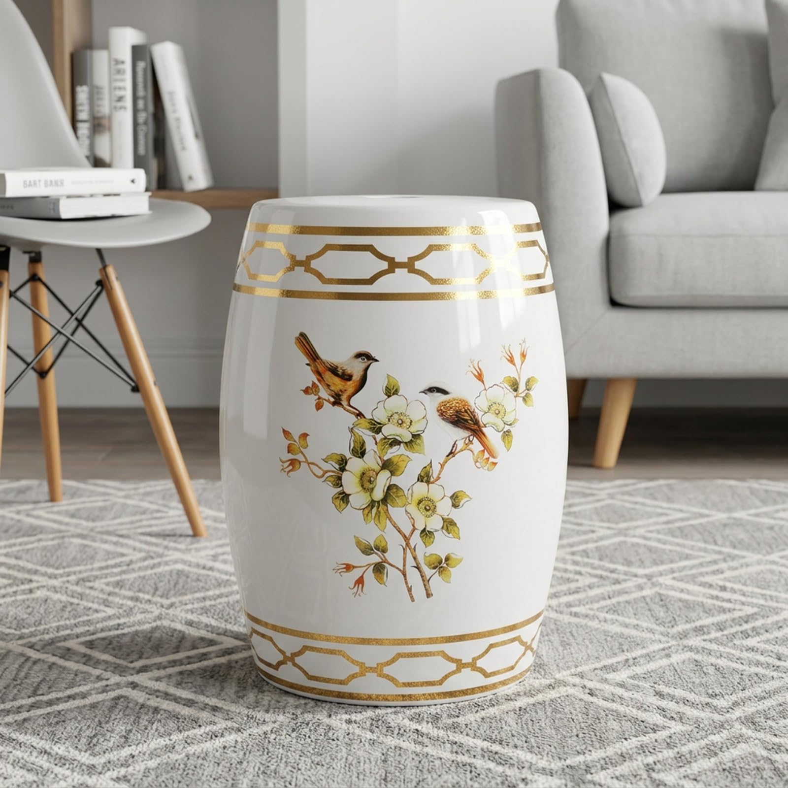 Tabouret de jardin en céramique blanche et table d'appoint tambour doré