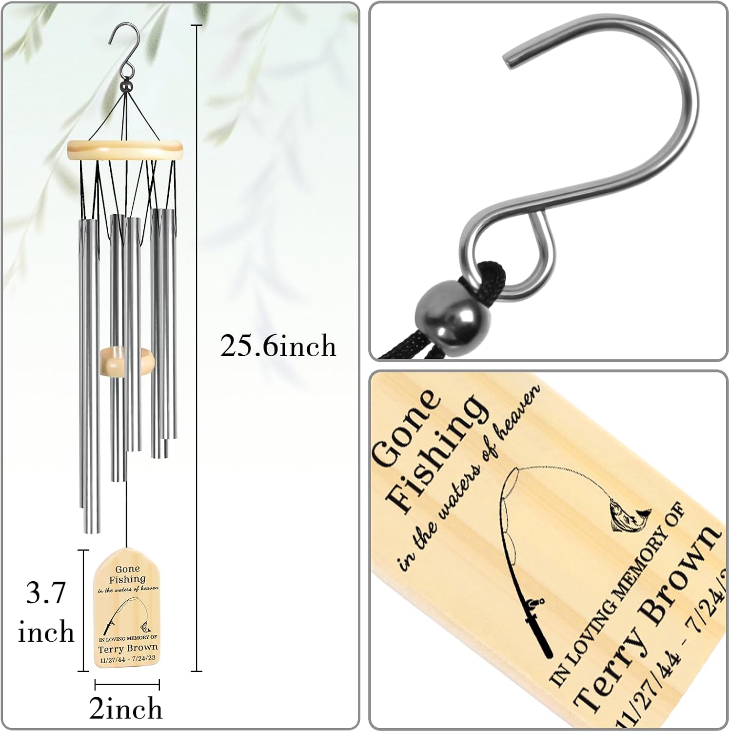 Jocidea Personalized Gone Fishing Memorial Wind Chime, Heavenly Sympathy Gift for Grandpa Dad