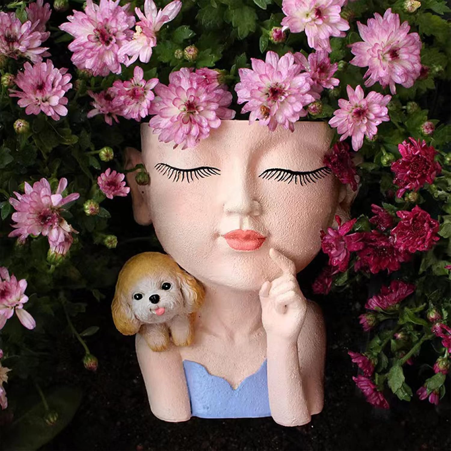 Face Planters Pots Head, Lovely Head Planters with Drainage Hole, Closed Eyes Lady and Dog Succulent Planters, Eye-catching Face Flower Pot for Indoor Outdoor Plants