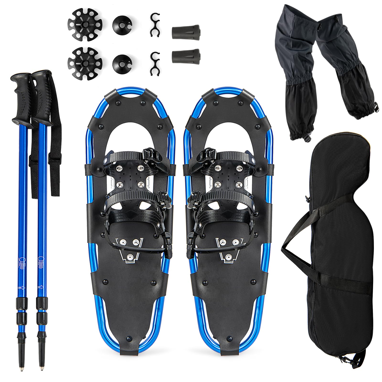 SOARS Kit de Raquette à Neige 4 en 1, Raquettes en Aluminium avec Bâton de Marche Téléscopique, Sac de Rangement, Guêtres Imperméable, pour Femmes, Hommes, Enfants