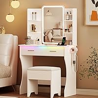Xixini White LED Vanity Desk with Mirror, Power Outlet, Storage Drawers & Cushioned Chair - Makeup Table for Bedroom, 3 Light Modes