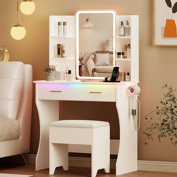 Vanity Desk with LED Lights Mirror & Drawers