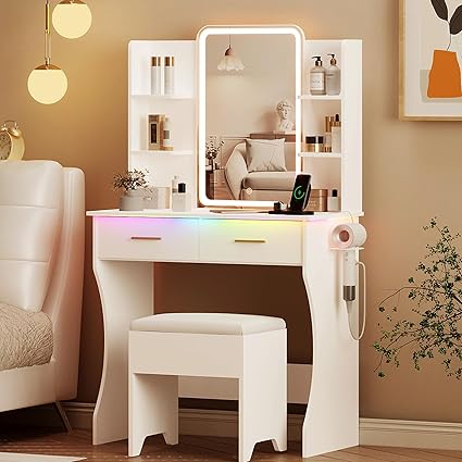 Vanity Desk with LED Lights Mirror & Power Outlet, Small Makeup Vanity Table Set with Storage Drawers & Chair, 3 Lighting Modes & Adjustable Brightness, Dressing Table for Women Girls Bedroom, White