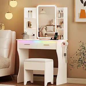 Vanity Desk with LED Lights Mirror & Power Outlet, Small Makeup Vanity Table Set with Storage Drawers & Chair, 3 Lighting Modes & Adjustable Brightness, Dressing Table for Women Girls Bedroom, White