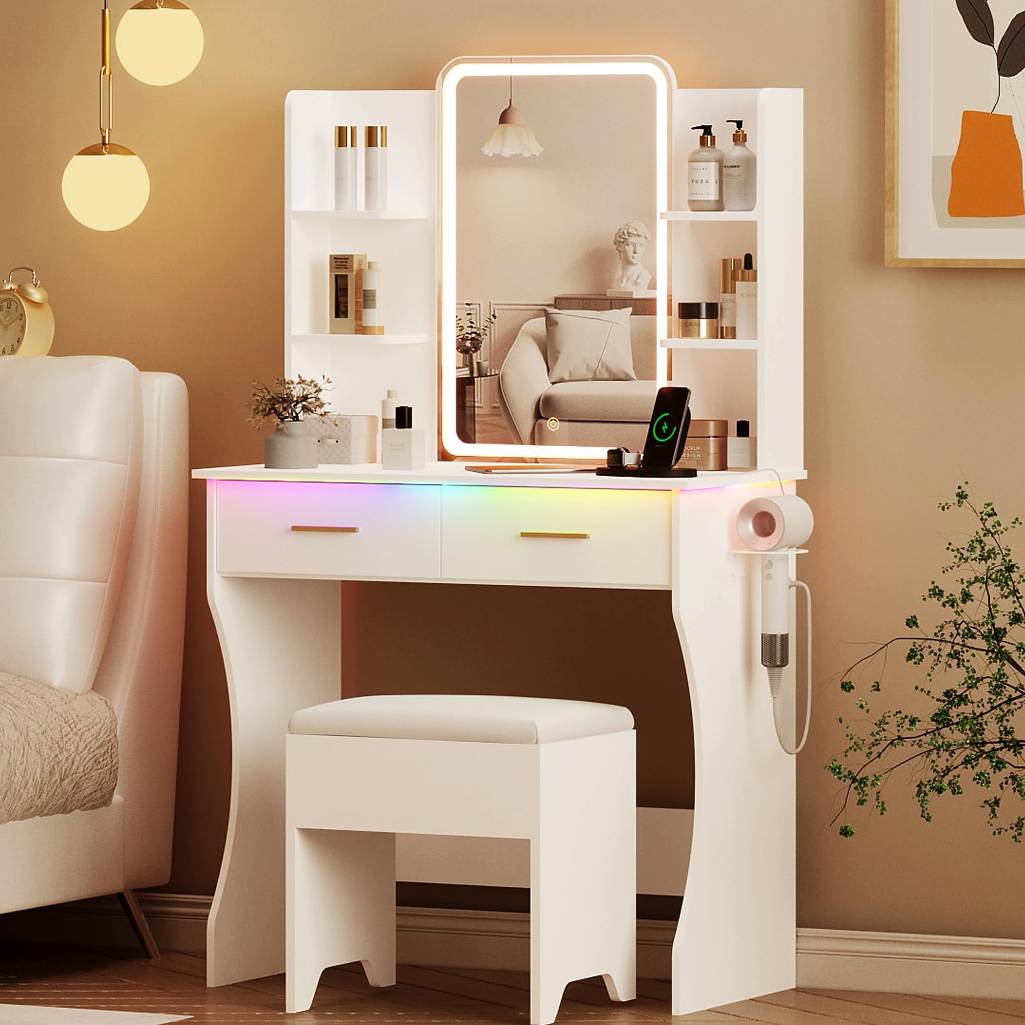 vanity desk with led lights mirror amp power outlet small makeup vanity table set with storage drawers amp chair 3 lighting modes amp adjustable brightness dressing table for women girls bedroom white