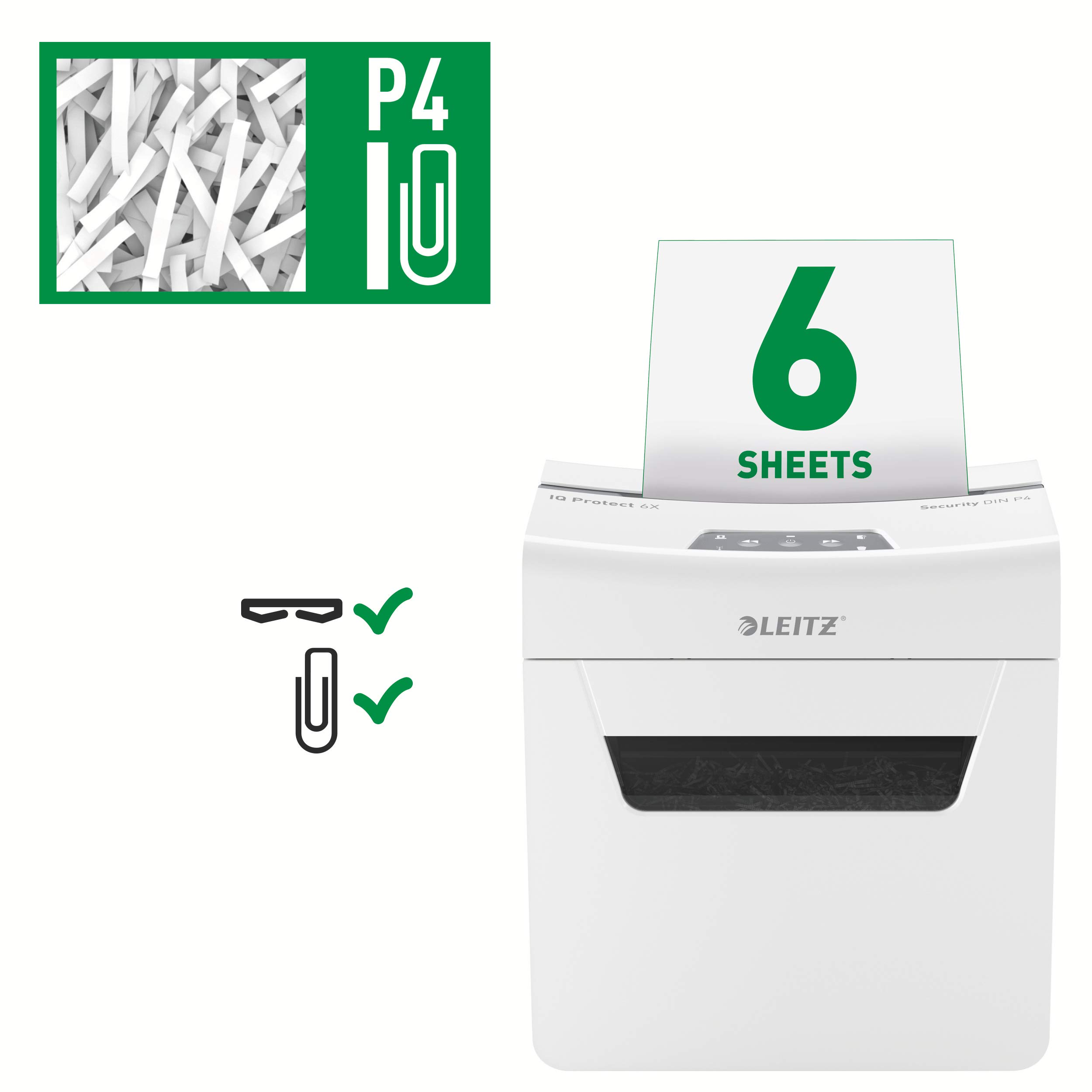 Leitz IQ Protect Premium 6X, Distruggidocumenti Manuale Personal, 7-6 Fogli (70-80 gr/mq), Taglio a Frammenti, Sicurezza P-4, Capacità 10 litri, 80900000