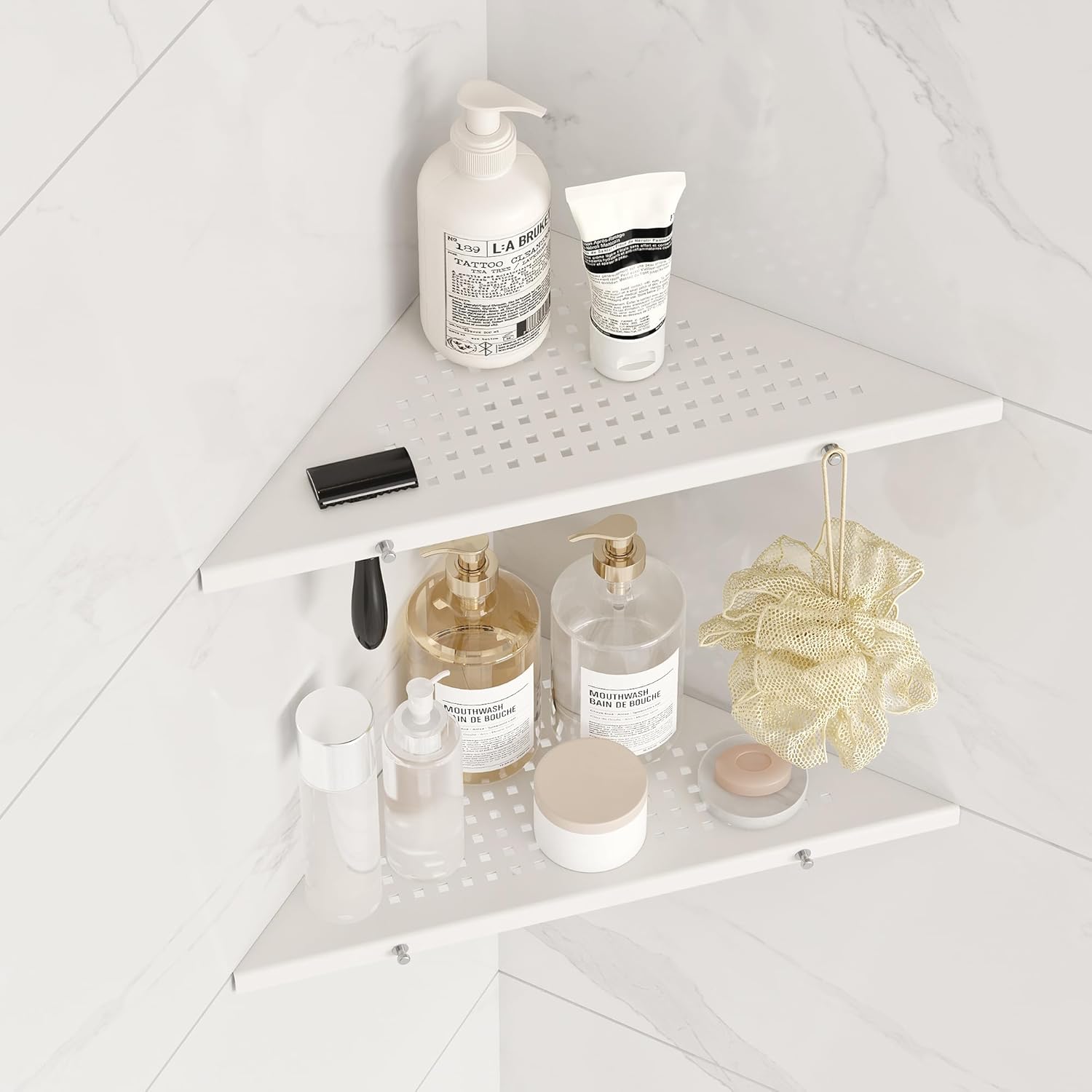 10" Bathroom Corner Shelf, 2 Pack Recessed Shower Shelf Caddy, SUS304 Stainless Steel Shelf Wall Mount Triangular, No Drilling Matte White