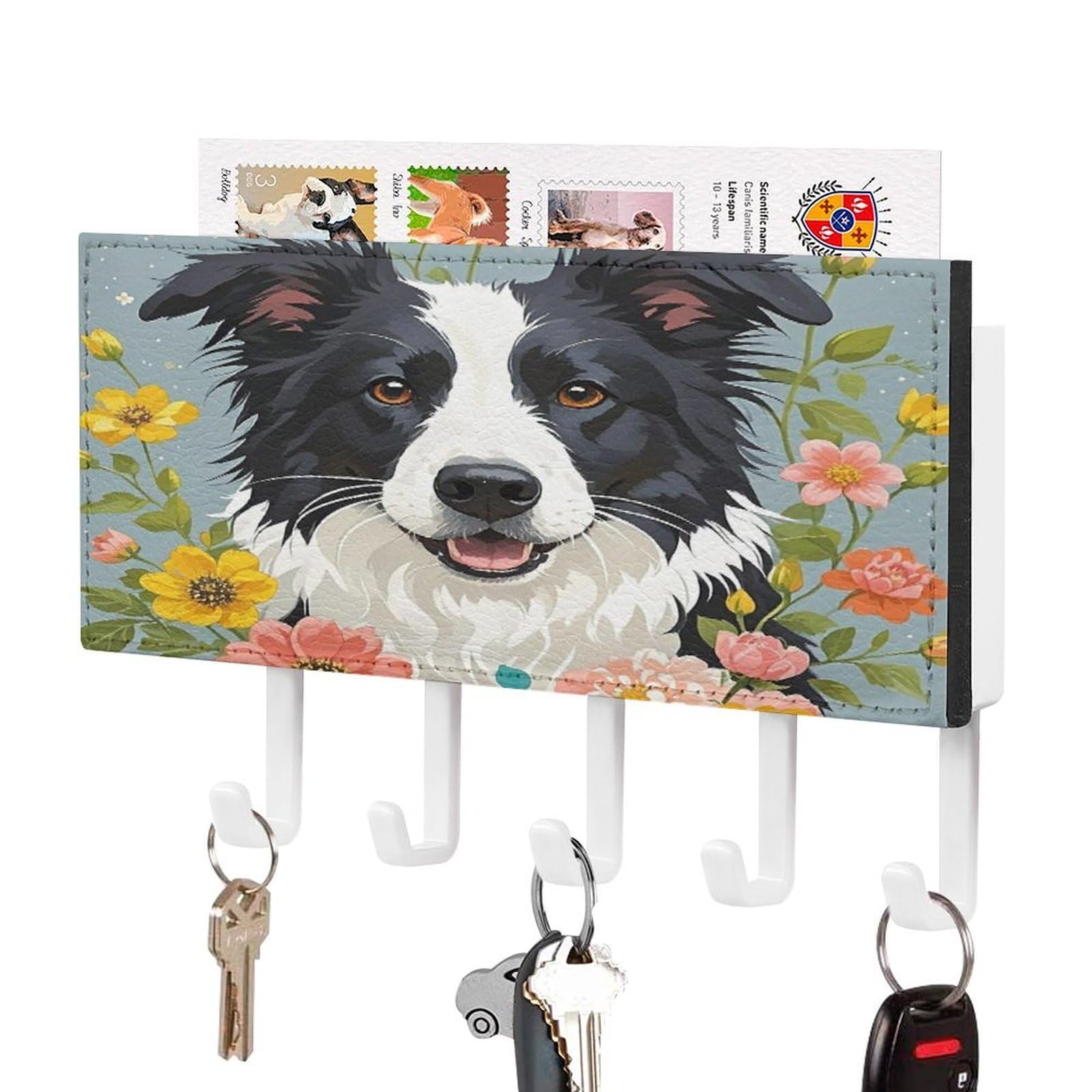 Vstadank White-Style Border Collie Florals Key Holder Wall Mount Pu Key Rack Decorative Key And Mail Holder Wall Key Organizer With 5 Key Hooks Key Hanger For Entryway Kitchen Living Room Office Doorway Decor White
