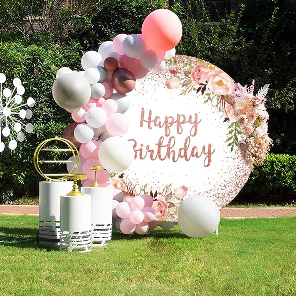 Happy Birthday Round Backdrop - 7.2ft Rose Gold & Black Party Background