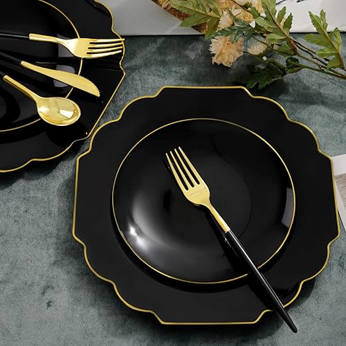 Miniatura 6 de Supernal El juego de vajilla de plástico dorado de 150 piezas incluye platos desechables negros resistentes, cubiertos de plástico negro y dorado