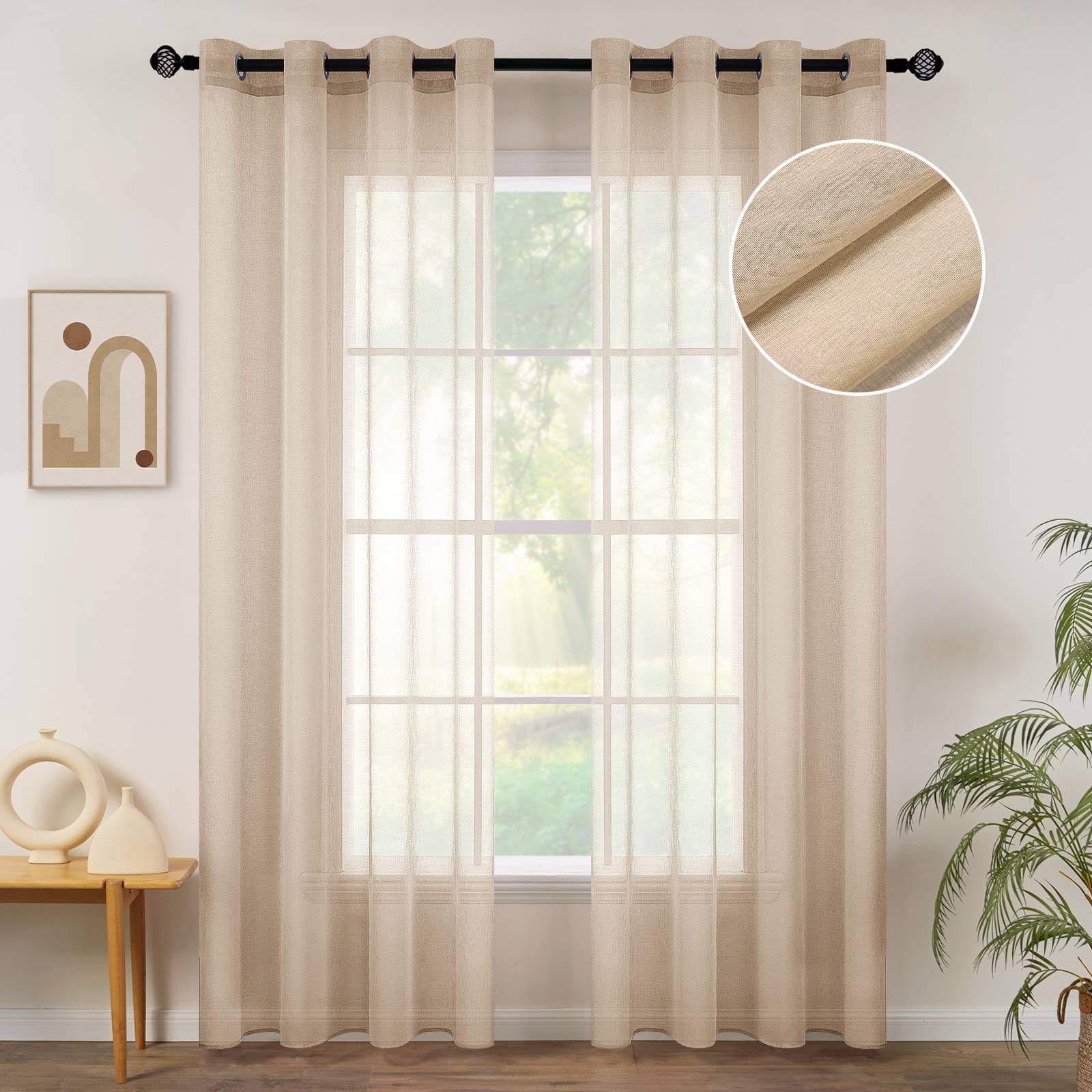 MIULEE 2 Panels Beige Semi Sheer Window Curtains Elegant Grommet Top Window Voile Drapes/Treatment Linen Textured Panels for Bedroom Living Room (