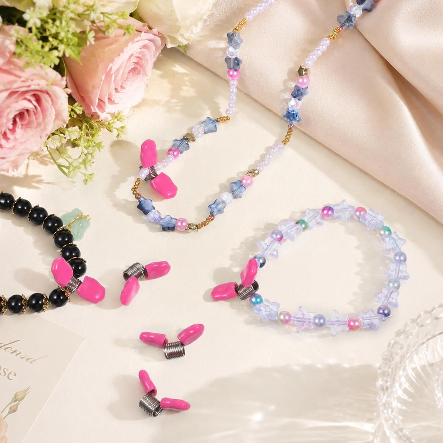 6Pcs Bead Clamp for Jewelry Making Spring Bead Stop with Pink Handle