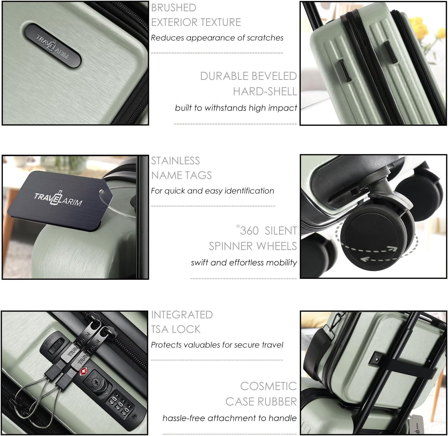 20 Inch Carry On Luggage 22x14x9 Airline Approved, Carry On Suitcase with Wheels, Hard-shell Carry-on Luggage, Durable Luggage Carry-On, Sage Green Small Suitcase with Cosmetic Case - Image 5