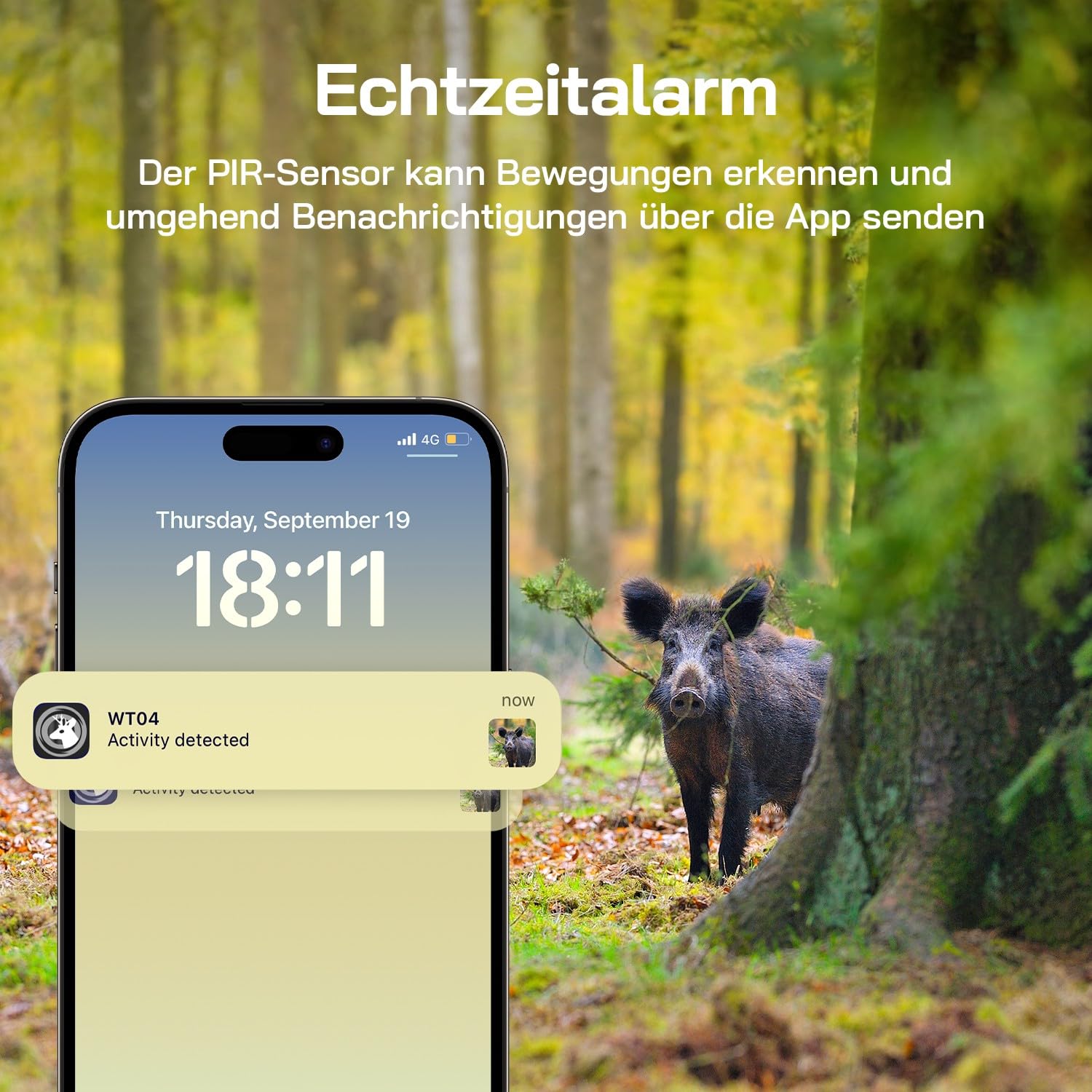 WOLFANG Wildkamera, 2.5K 4G LTE Live Solar Übertragung Wildkamera mit Handyübertragung App, Echtzeitalarm, Super-Infrarot-Nachtsicht Kamera mit 7800mAh Akku, 32GB SD Karte, 2-Wege-Audio IP66