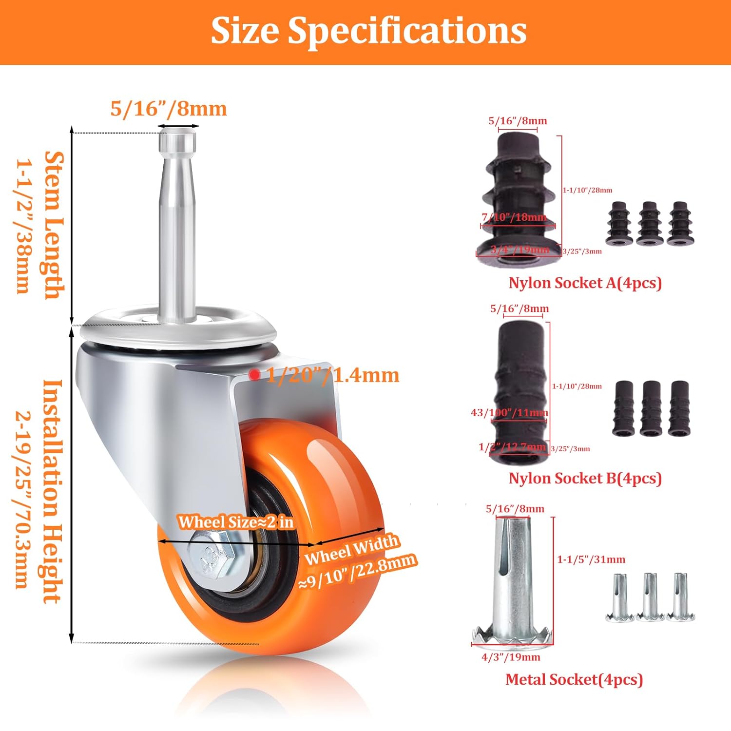 Enyke Wet Dry Vac Repalcement Casters Set of 4, 2 Inch Long Stem Casters 600 LBS with 5/16" x 1-1/2" (8 x 38mm) Stem, 360 Degree Swivel Castor Wheels with Double Ball Bearing, Orange